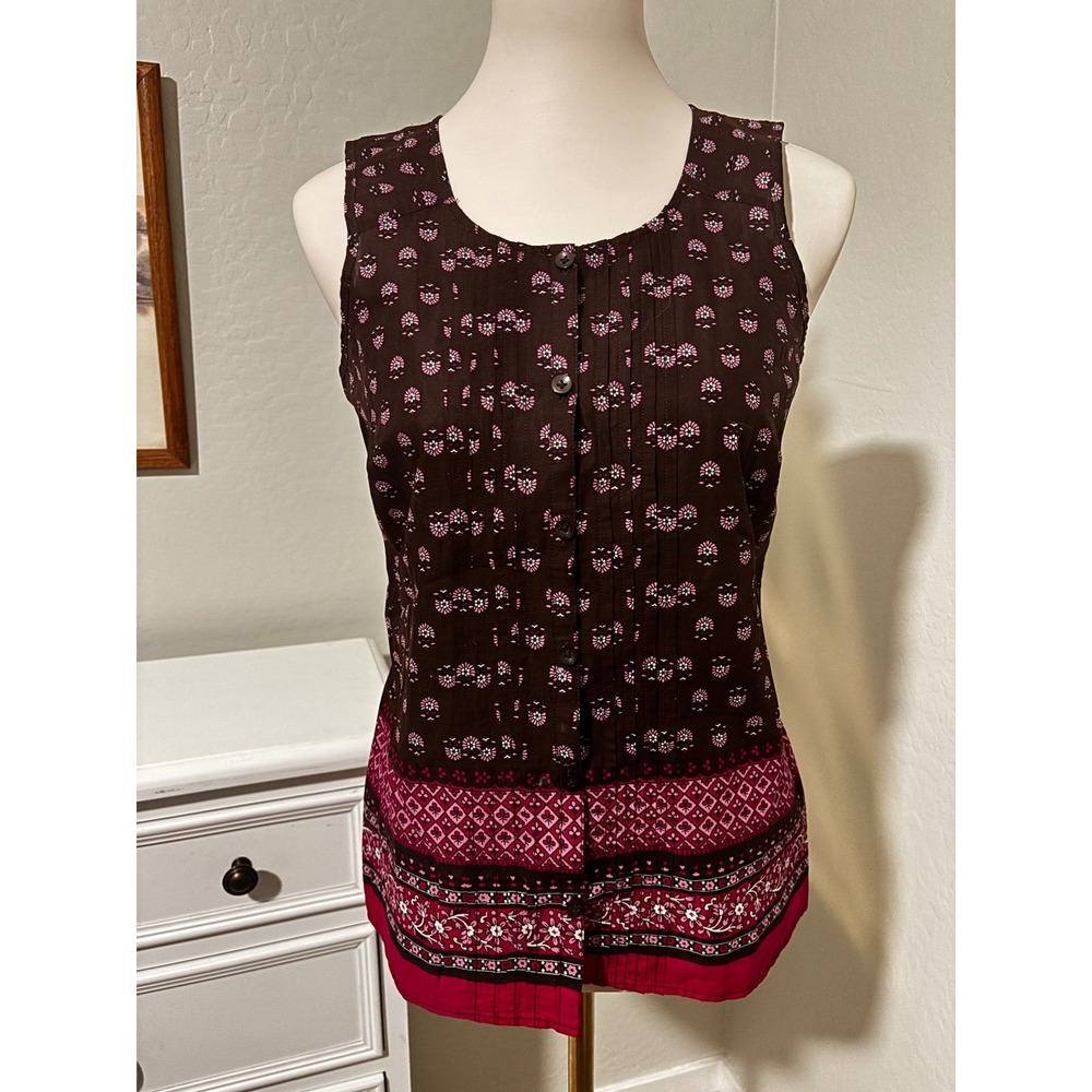 GH Bass Womens XS Brown Pink Floral Pintuck Sleeveless Cotton Boho Blouse Top